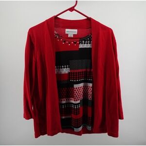 Alfred Dunner Womens Red Geometric Rhinestone Layered Cardigan Top Size M